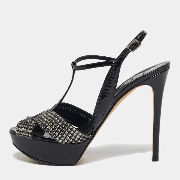 Pre Owned Gina Size 40.5 Black Patent Leather Crystal Embellished T-Strap Platform Sandals