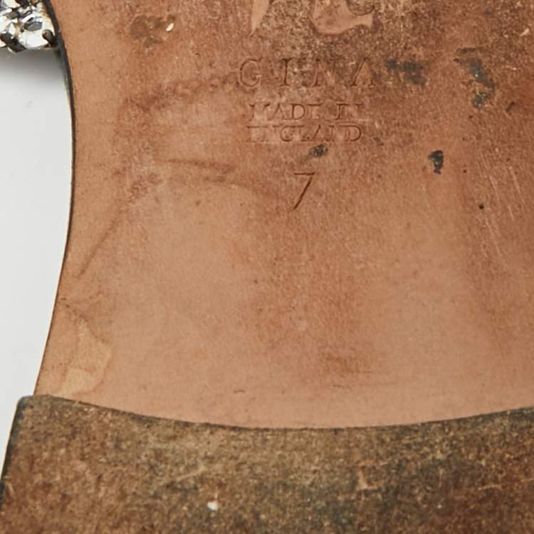 Pre Owned Gina Size 40 Black Leather Crystal Embellished Flat Slide Sandals