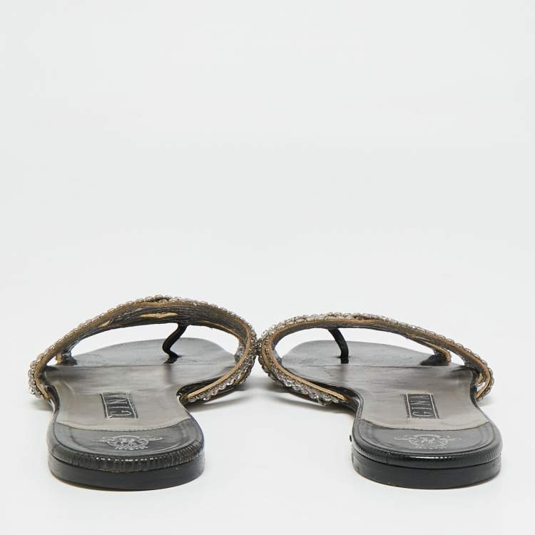 Pre Owned Gina Size 40 Black Leather Crystal Embellished Flat Slide Sandals