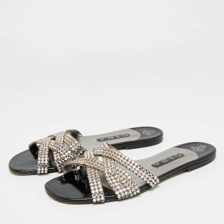 Pre Owned Gina Size 40 Black Leather Crystal Embellished Flat Slide Sandals
