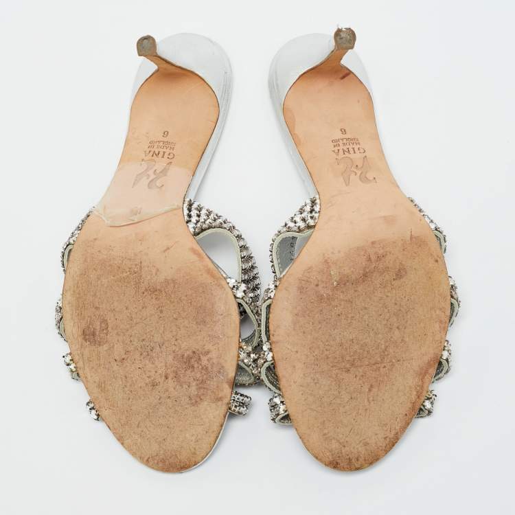 Pre Owned Gina Size 39 Silver Leather Crystal Embellished Slide Sandals