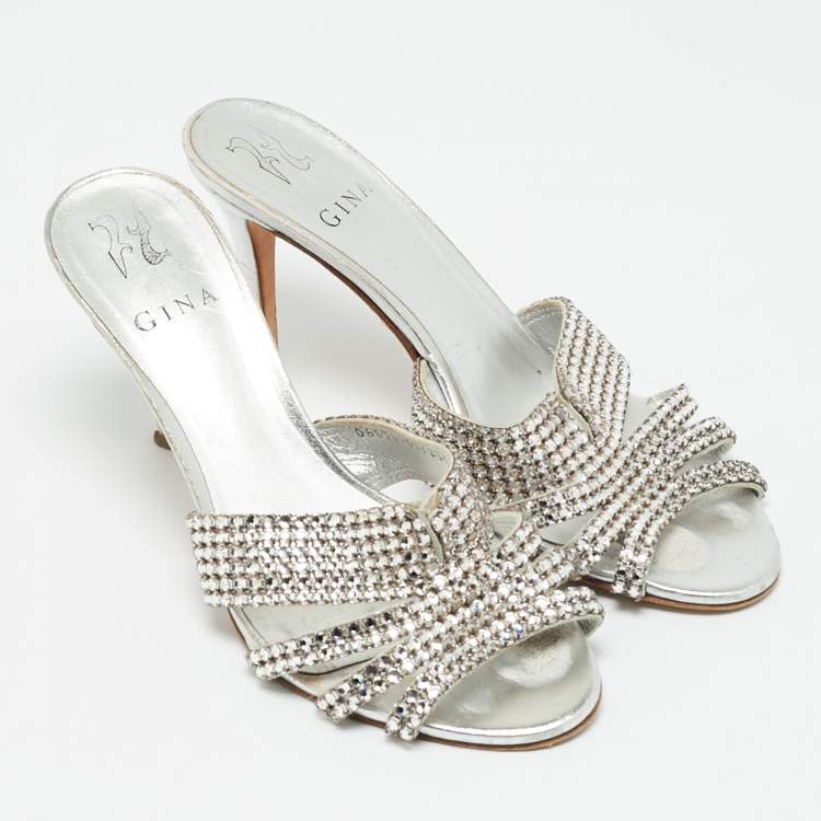 Pre Owned Gina Size 39 Silver Leather Crystal Embellished Slide Sandals