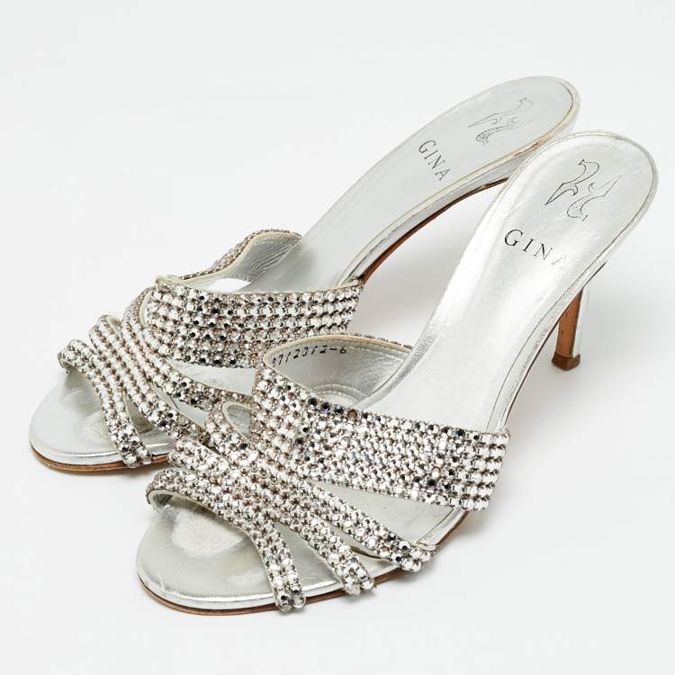 Pre Owned Gina Size 39 Silver Leather Crystal Embellished Slide Sandals