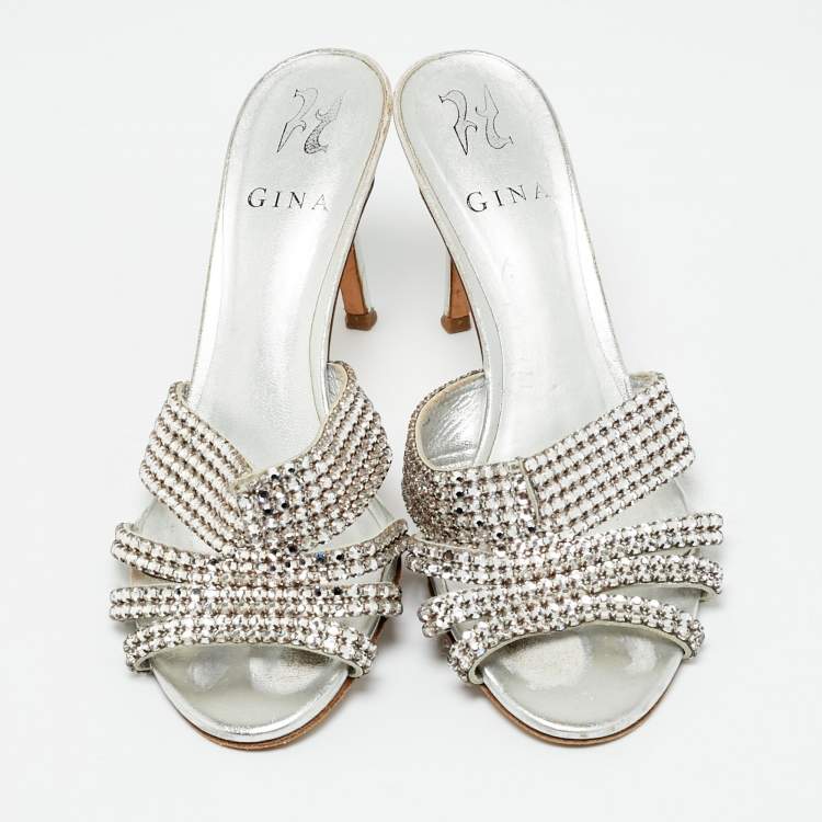 Pre Owned Gina Size 39 Silver Leather Crystal Embellished Slide Sandals