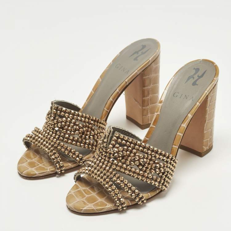 Pre Owned Gina Size 38.5 Brown Croc Embossed Leather Crystal Embellished Slide Sandals