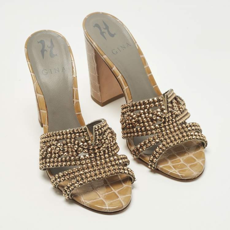 Pre Owned Gina Size 38.5 Brown Croc Embossed Leather Crystal Embellished Slide Sandals