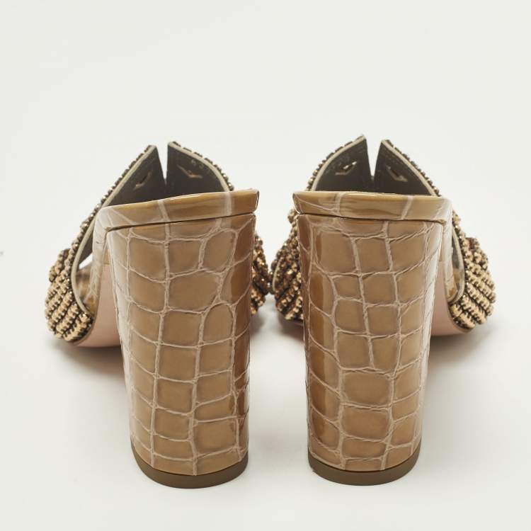 Pre Owned Gina Size 38.5 Brown Croc Embossed Leather Crystal Embellished Slide Sandals