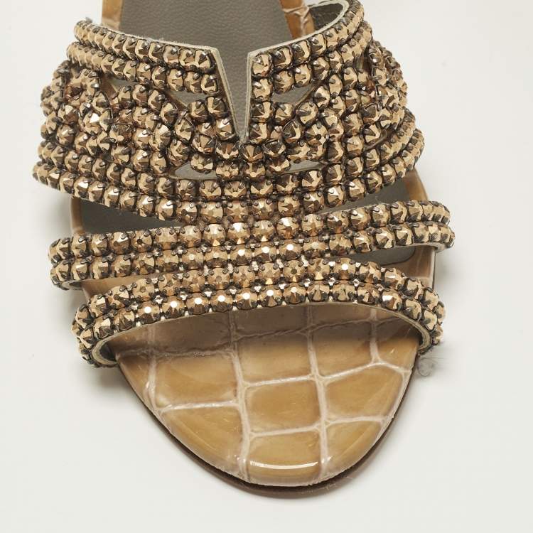 Pre Owned Gina Size 38.5 Brown Croc Embossed Leather Crystal Embellished Slide Sandals