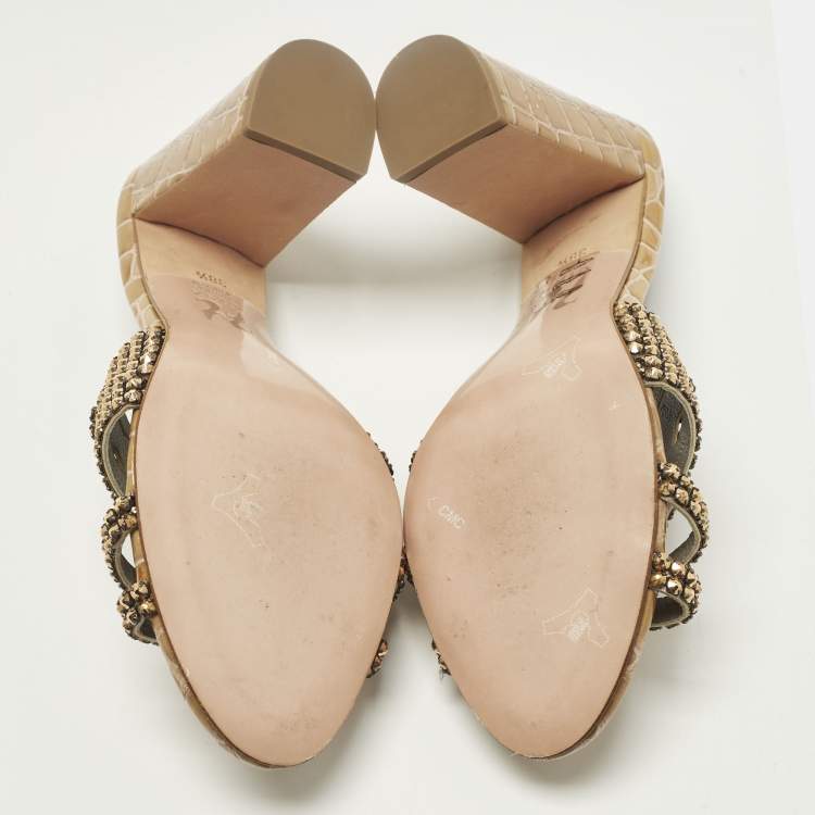 Pre Owned Gina Size 38.5 Brown Croc Embossed Leather Crystal Embellished Slide Sandals