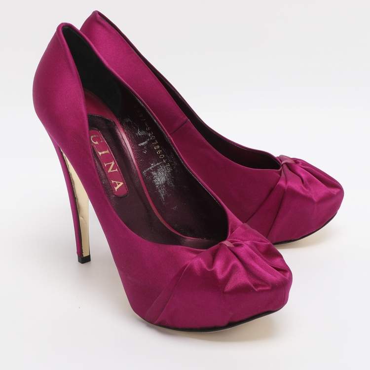 Pre Owned Gina Size 40.5 Purple Satin Platform Pumps