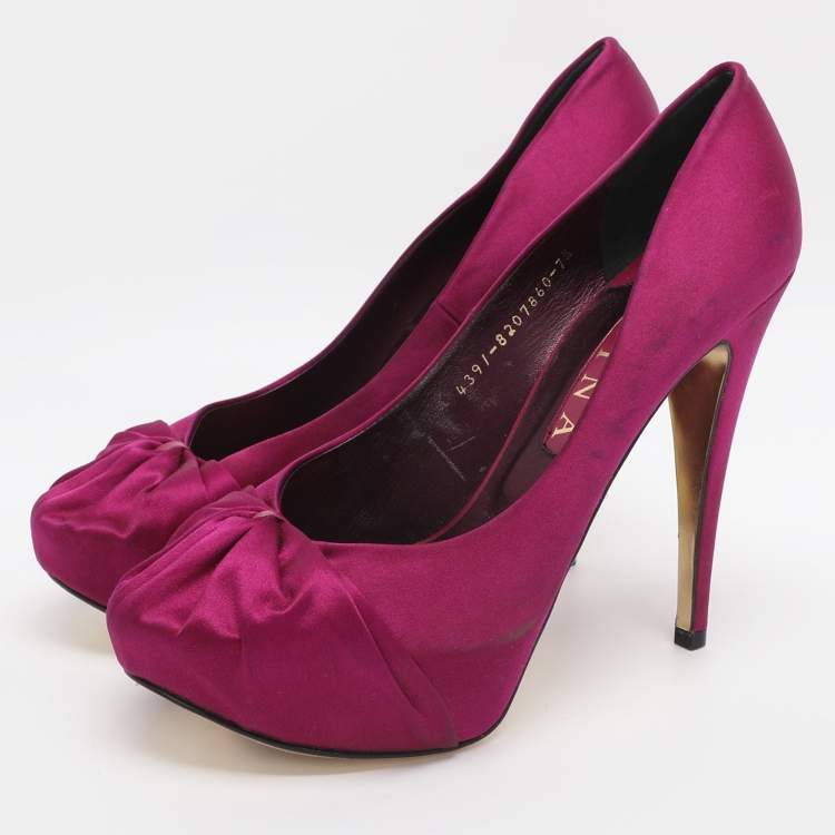 Pre Owned Gina Size 40.5 Purple Satin Platform Pumps