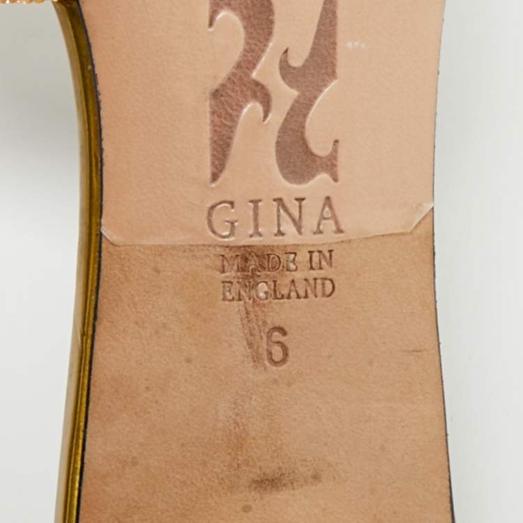 Pre Owned Gina Lasercut Crystals Size 39 Gold Leather Slide Sandals