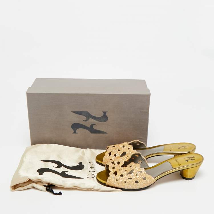 Pre Owned Gina Lasercut Crystals Size 39 Gold Leather Slide Sandals