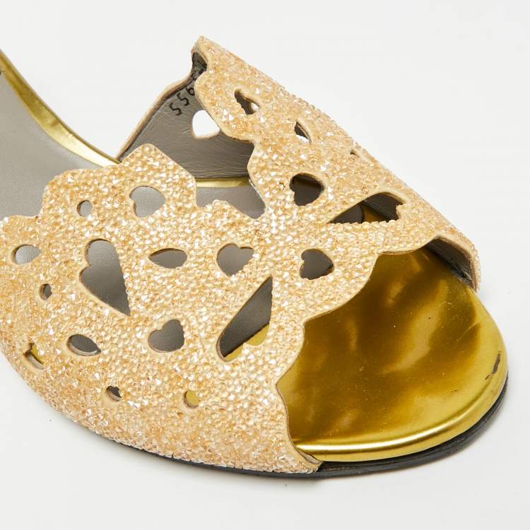 Pre Owned Gina Lasercut Crystals Size 39 Gold Leather Slide Sandals