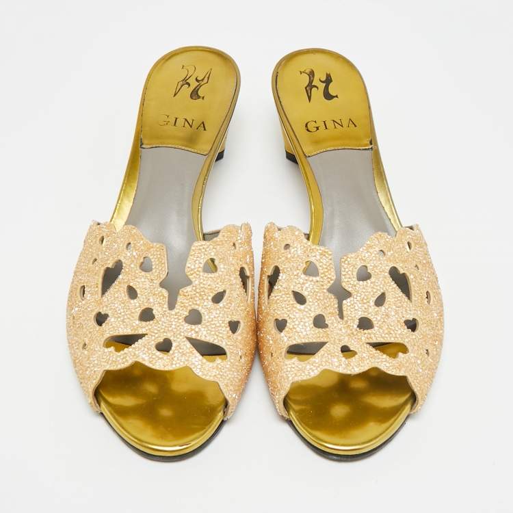 Pre Owned Gina Lasercut Crystals Size 39 Gold Leather Slide Sandals