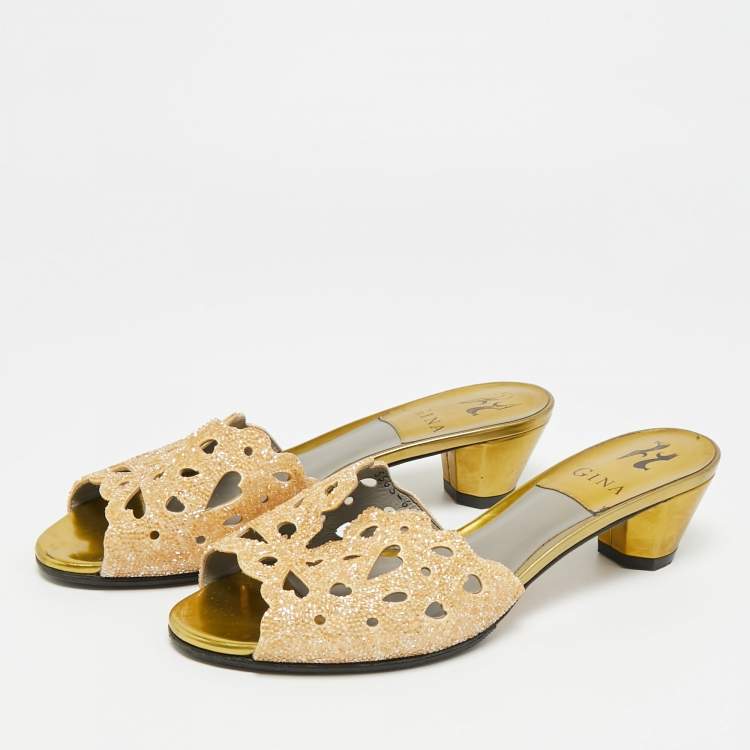 Pre Owned Gina Lasercut Crystals Size 39 Gold Leather Slide Sandals