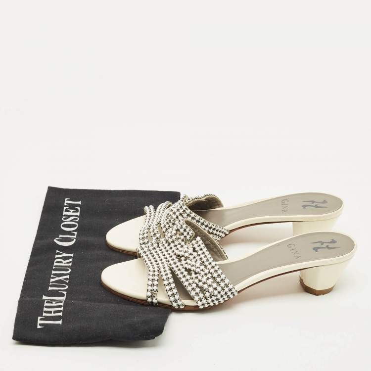 Pre Owned Gina Crystal Embellished Size 38.5 White Patent Leather Slide Sandals