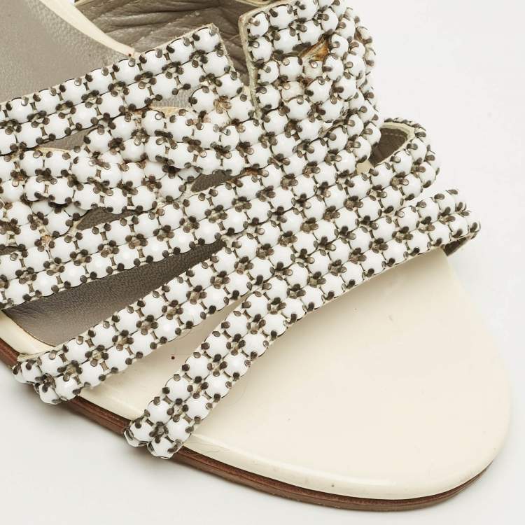 Pre Owned Gina Crystal Embellished Size 38.5 White Patent Leather Slide Sandals