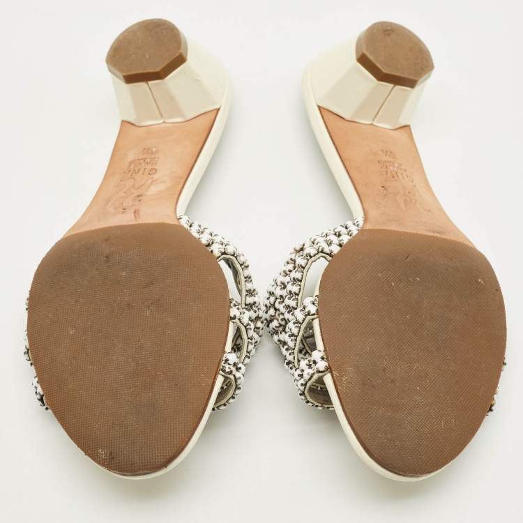 Pre Owned Gina Crystal Embellished Size 38.5 White Patent Leather Slide Sandals