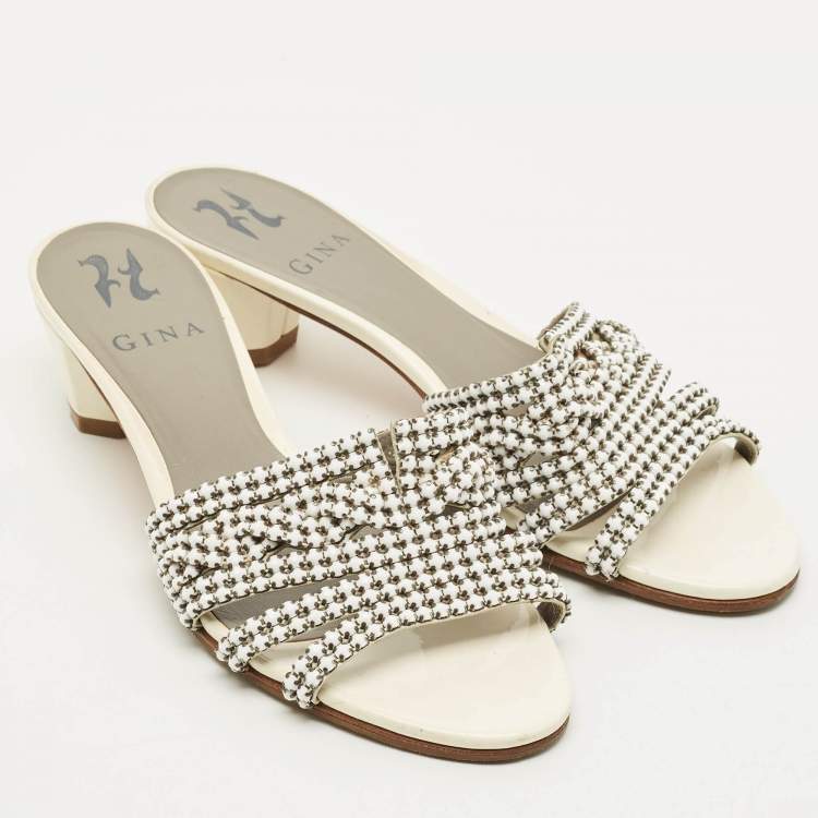 Pre Owned Gina Crystal Embellished Size 38.5 White Patent Leather Slide Sandals