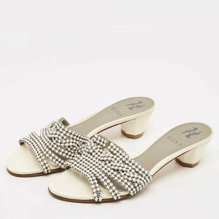 Pre Owned Gina Crystal Embellished Size 38.5 White Patent Leather Slide Sandals