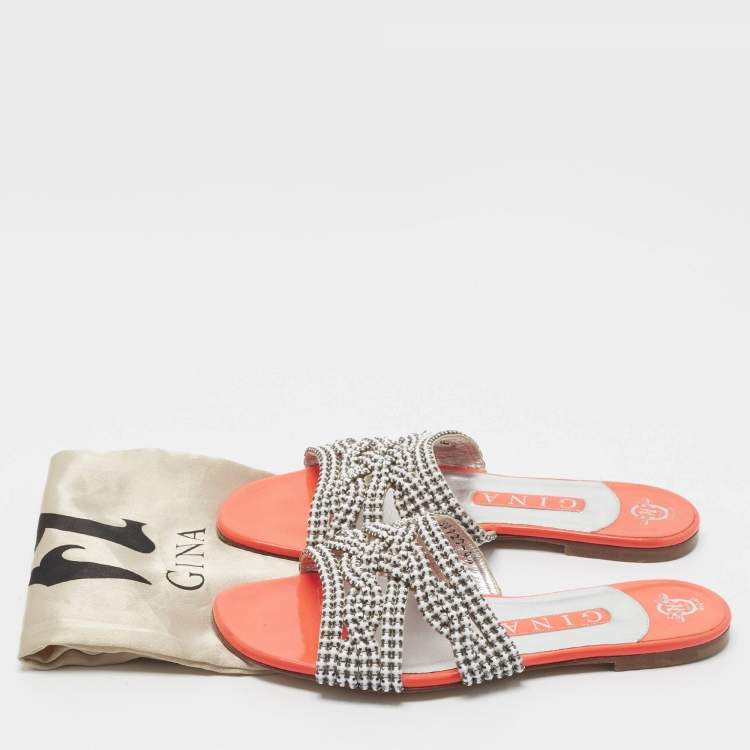 مملوكة مسبقًا Gina Size 37.5 White/Pink Leather Crystal Embellished  Flat Sandals