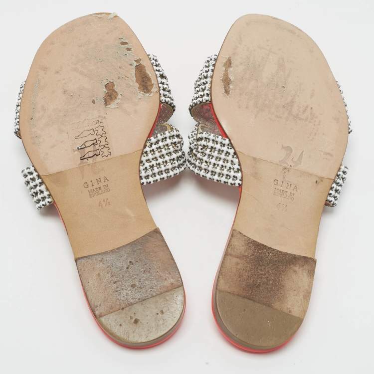 مملوكة مسبقًا Gina Size 37.5 White/Pink Leather Crystal Embellished  Flat Sandals