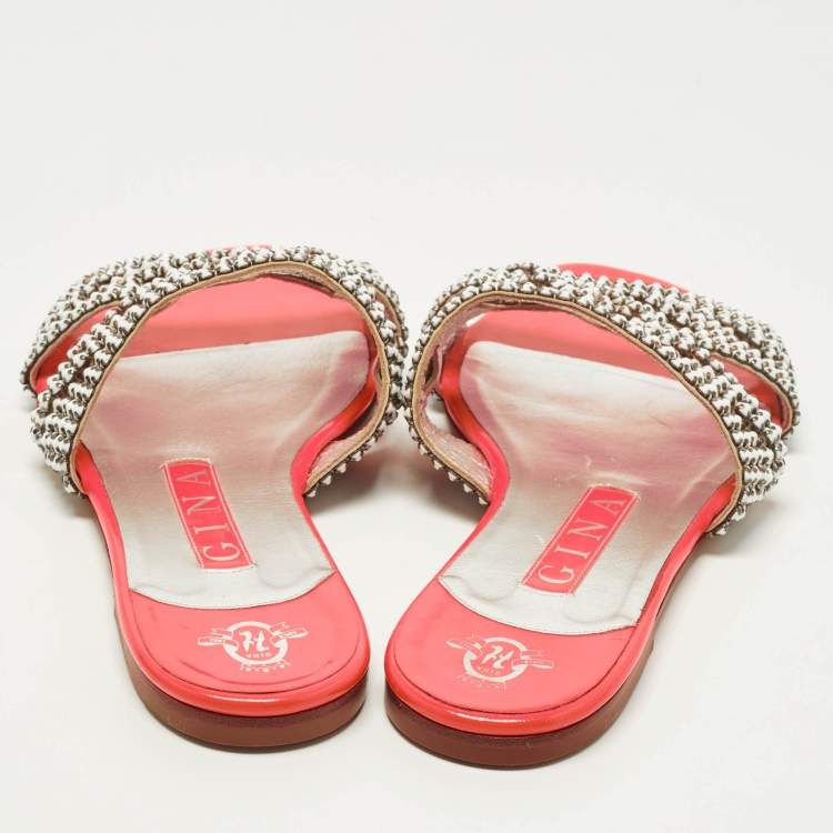 مملوكة مسبقًا Gina Size 37.5 White/Pink Leather Crystal Embellished  Flat Sandals