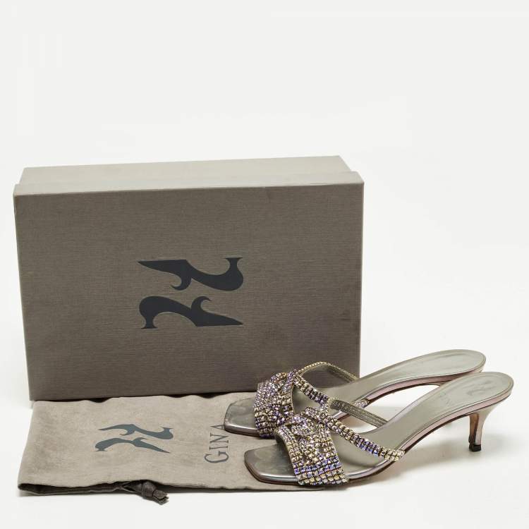 Pre Owned Gina Size 36.5 Silver Leather Crystal Embellished Slide Sandals