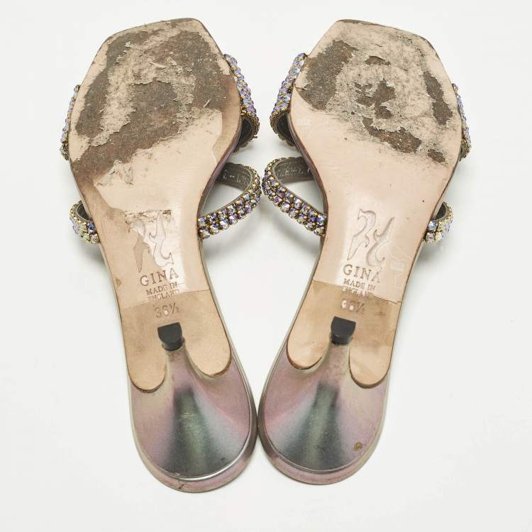 Pre Owned Gina Size 36.5 Silver Leather Crystal Embellished Slide Sandals