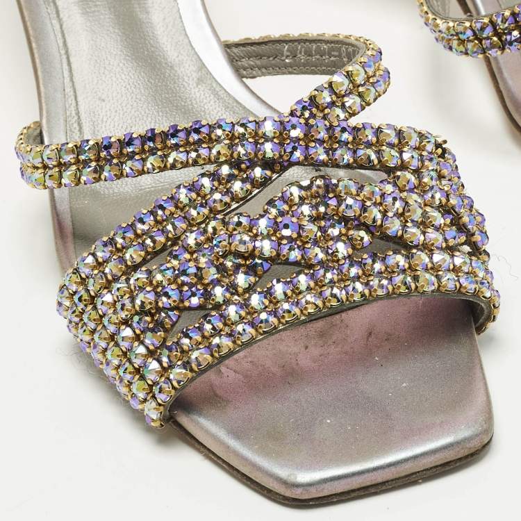 Pre Owned Gina Size 36.5 Silver Leather Crystal Embellished Slide Sandals