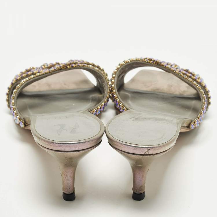Pre Owned Gina Size 36.5 Silver Leather Crystal Embellished Slide Sandals