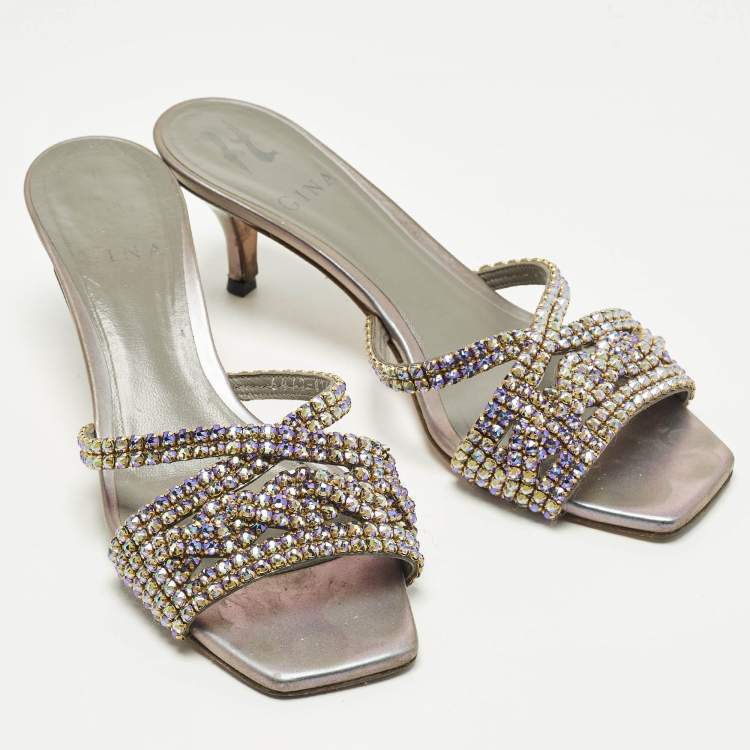 Pre Owned Gina Size 36.5 Silver Leather Crystal Embellished Slide Sandals