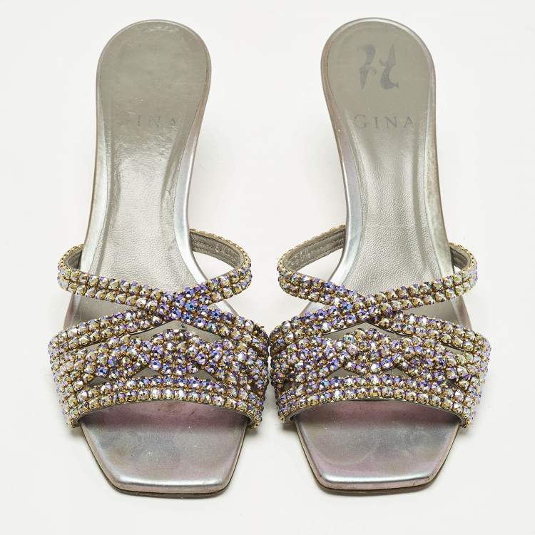 Pre Owned Gina Size 36.5 Silver Leather Crystal Embellished Slide Sandals