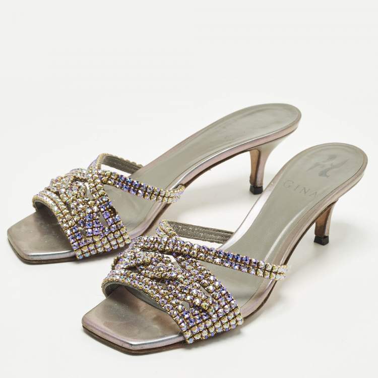 Pre Owned Gina Size 36.5 Silver Leather Crystal Embellished Slide Sandals