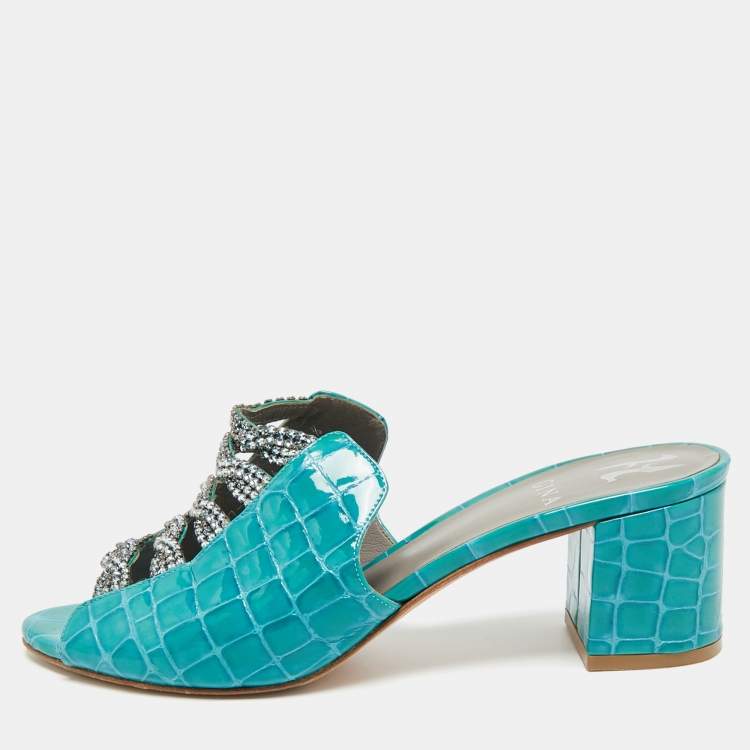 Pre Owned Gina Size 38.5 Blue Croc Embossed Patent Leather Crystal Embellished Mules