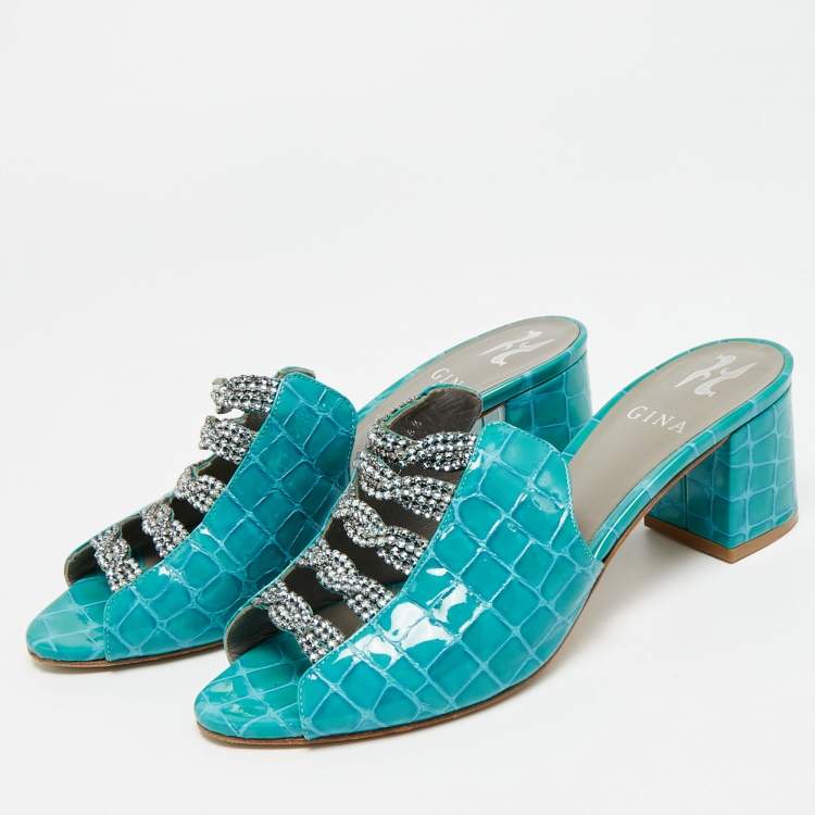 Pre Owned Gina Size 38.5 Blue Croc Embossed Patent Leather Crystal Embellished Mules
