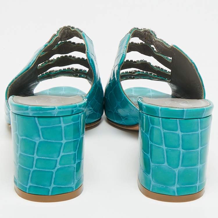 Pre Owned Gina Size 38.5 Blue Croc Embossed Patent Leather Crystal Embellished Mules