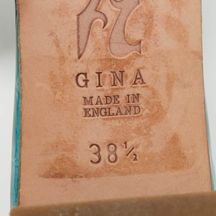 Pre Owned Gina Size 38.5 Blue Croc Embossed Patent Leather Crystal Embellished Mules