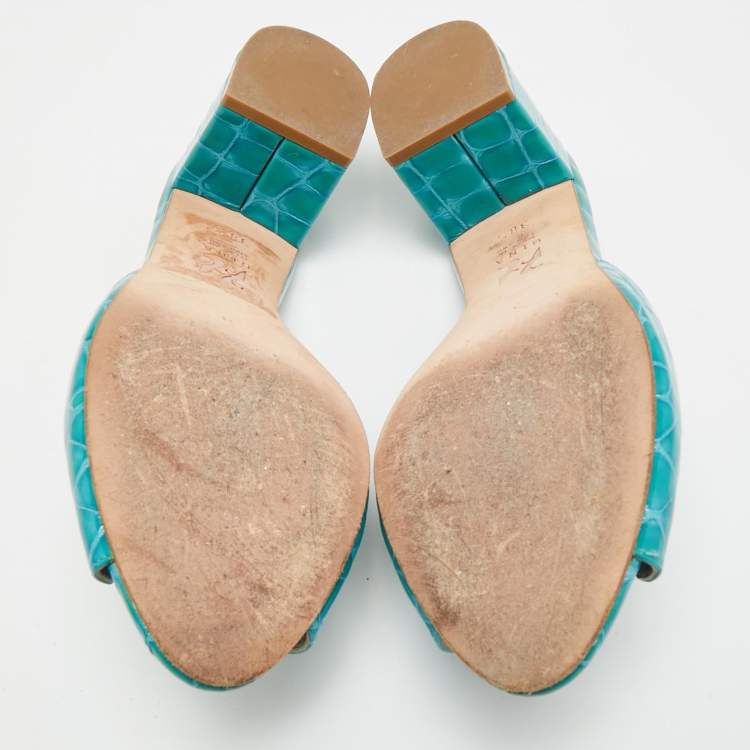 Pre Owned Gina Size 38.5 Blue Croc Embossed Patent Leather Crystal Embellished Mules