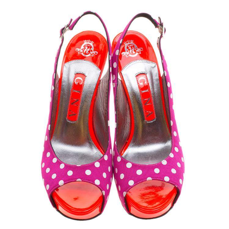 Pre Owned Gina Purple Polka Dot Fabric Peep Toe Slingback Sandals Size 37.5