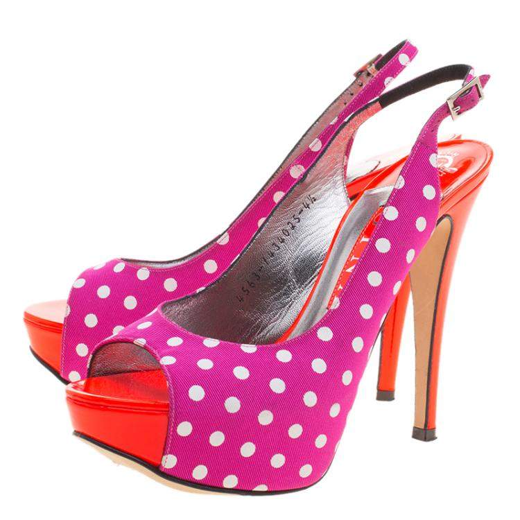 Pre Owned Gina Purple Polka Dot Fabric Peep Toe Slingback Sandals Size 37.5