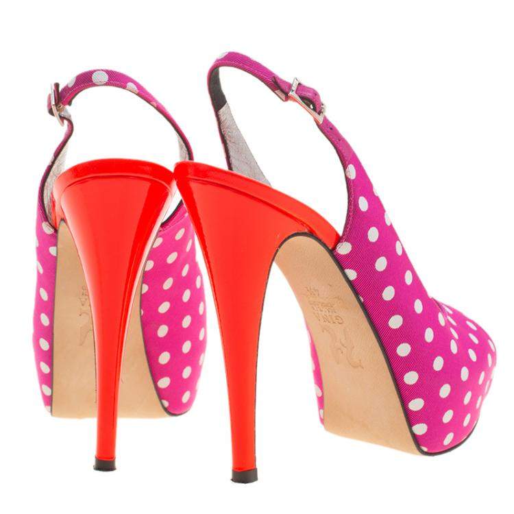 Pre Owned Gina Purple Polka Dot Fabric Peep Toe Slingback Sandals Size 37.5