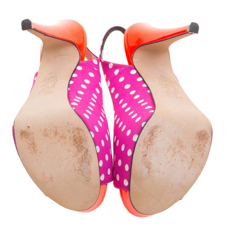 Pre Owned Gina Purple Polka Dot Fabric Peep Toe Slingback Sandals Size 37.5