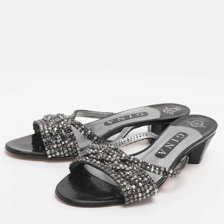 Pre Owned Gina Size 38 Black Crystals Slide Sandals