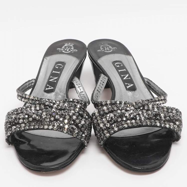 Pre Owned Gina Size 38 Black Crystals Slide Sandals