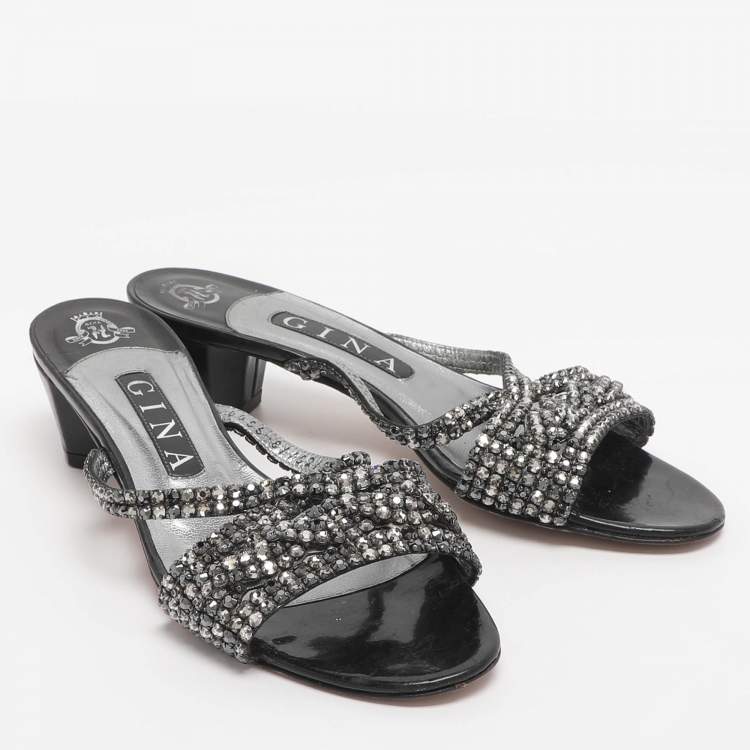 Pre Owned Gina Size 38 Black Crystals Slide Sandals
