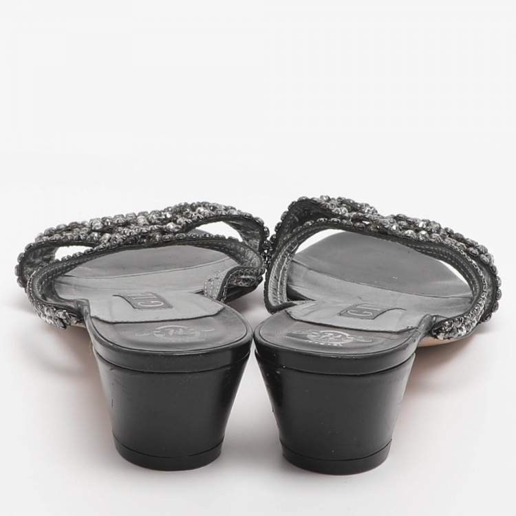 Pre Owned Gina Size 38 Black Crystals Slide Sandals