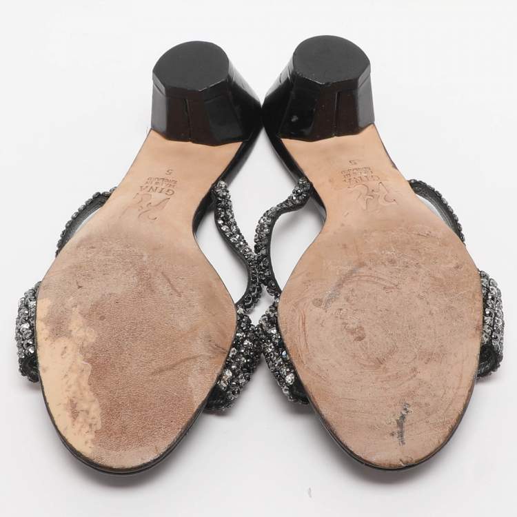Pre Owned Gina Size 38 Black Crystals Slide Sandals