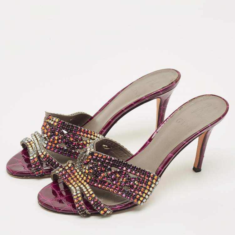 Pre Owned Gina Size 39 Purple Croc Embossed Leather  Crystal Embellished Slide Sandals